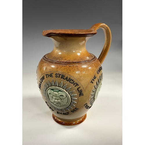 6293 - A 19th century Doulton Lambeth salt glaze stoneware motto jug, of baluster form, the sides applied w... 
