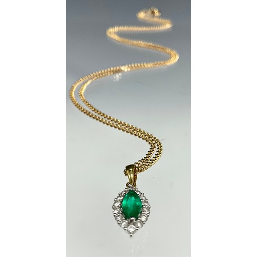 6271 - An emerald and diamond pendant necklace, navette cut mid green emerald approx 0.40ct, surrounded by ... 