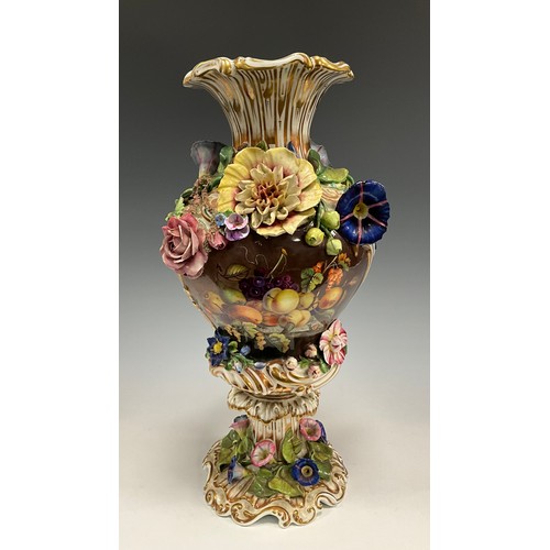 6298 - A Coalbrookdale pedestal vase, everted gilt rim above two panels hand-painted with still life and ex... 
