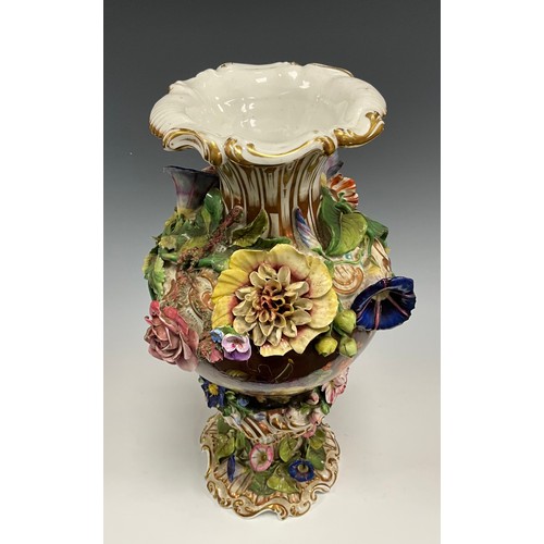 6298 - A Coalbrookdale pedestal vase, everted gilt rim above two panels hand-painted with still life and ex... 