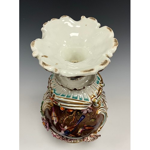 6298 - A Coalbrookdale pedestal vase, everted gilt rim above two panels hand-painted with still life and ex... 