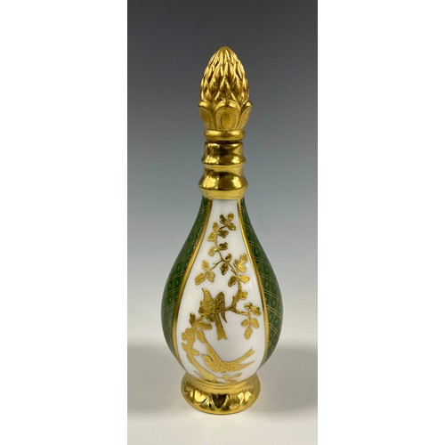 6301 - A Lynton porcelain baluster scent bottle, decorated with alternating panels of gilt with birds among... 