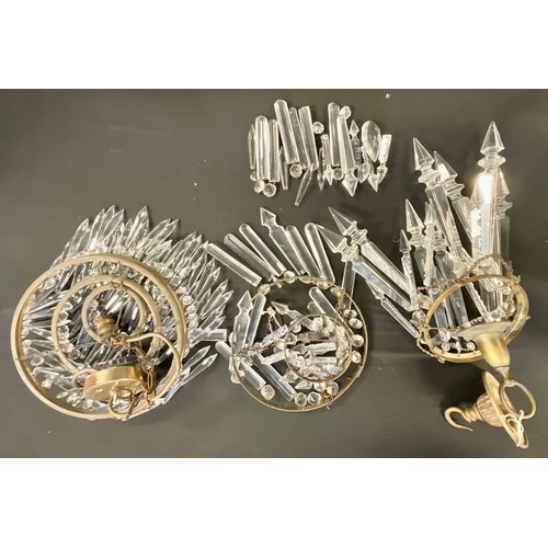 5212 - A 19th century brass and glass two-tier droplet or waterfall chandelier, faceted lustre drops, 44cm ... 