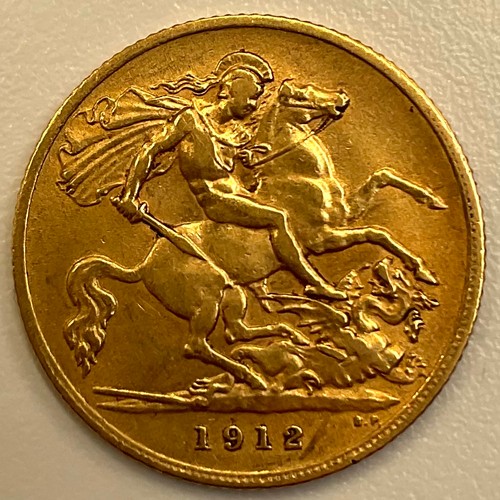 3015 - A 1912 George V Gold Half Sovereign Coin;
featuring King George V and the George Dragon design, puri... 