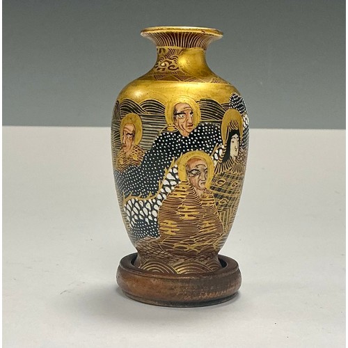 5043 - A Japanese miniature Satsuma ovoid vase, painted with immortals, applied with gilt detailing, 9cm, c... 