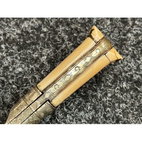 5079 - Turkish Ear style Knife with single edged plated blade 160mm in length. No markings. White metal fit... 