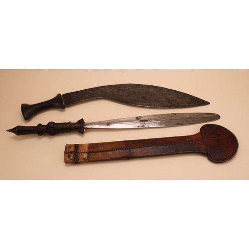 5101 - A Maasai sword, 35cm blade, iron hilt and pommel, copper wire grip, hide scabbard, 58cm long overall... 