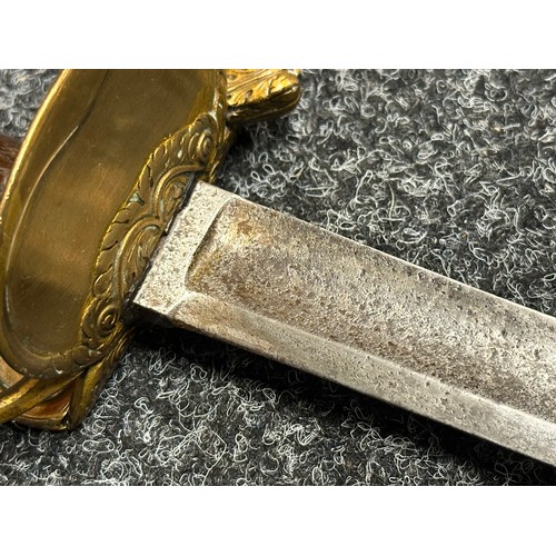 5104 - British 1796 Pattern Officers Sword with single edged fullered blade, unmarked, 800mm in length. Fol... 
