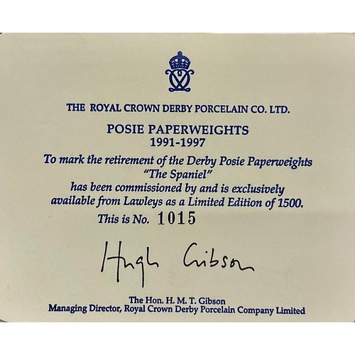 3045 - A Royal Crown Derby paperweight, Cavalier King Charles Spaniel, gold stopper, 10cm, printed mark in ... 