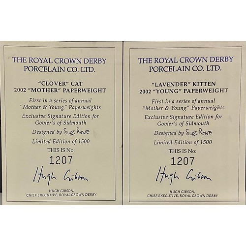 3003 - A pair of Royal Crown Derby paperweights, Clover Mother Cat and Lavender Kitten, designed by Sue Row... 