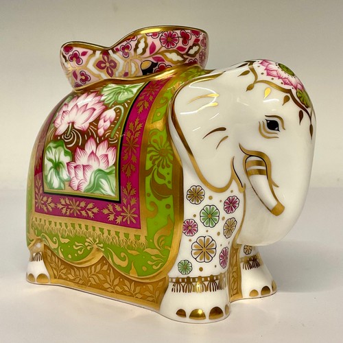 3126 - A Royal Crown Derby paperweight, Mother Indian Elephant, gold stopper, 11cm high, printed mark in re... 