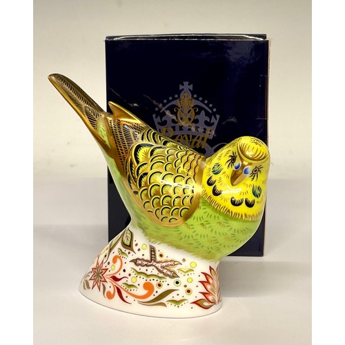 3164 - A Royal Crown Derby paperweight, Spangle Grey Green Budgerigar, limited edition of 1,000, gold stopp... 