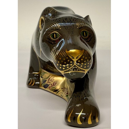 3175 - A Royal Crown Derby paperweight, The Black Panther, gold stopper, 33cm long, printed mark in gold, b... 