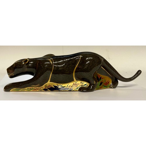 3175 - A Royal Crown Derby paperweight, The Black Panther, gold stopper, 33cm long, printed mark in gold, b... 