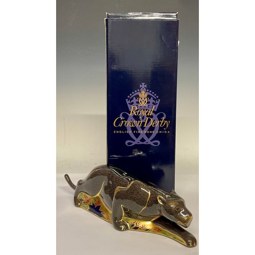 3175 - A Royal Crown Derby paperweight, The Black Panther, gold stopper, 33cm long, printed mark in gold, b... 