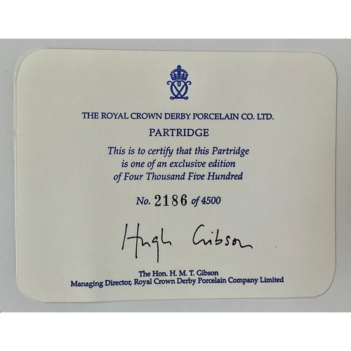 3137 - A Royal Crown Derby paperweight, Partridge, exclusive limited edition 2,186/4,500, gold stopper, 7.5... 