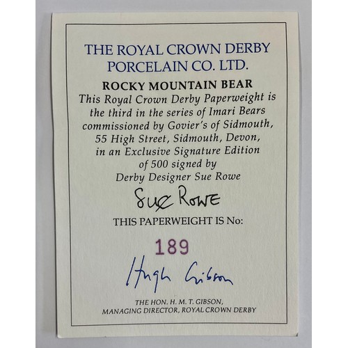 3154 - A Royal Crown Derby paperweight, Rocky Mountain Bear, decorated in the 1128 pattern, the third in a ... 