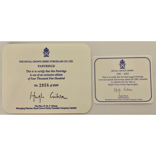 3148 - A Royal Crown Derby paperweight, Red Legged Partridge, special anniversary edition for 2002, designe... 