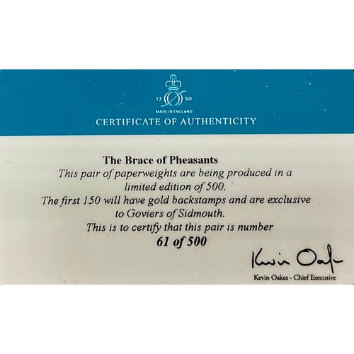 3016 - A pair of Royal Crown Derby paperweights, The Brace of Pheasants, exclusive to Goviers of Sidmouth, ... 