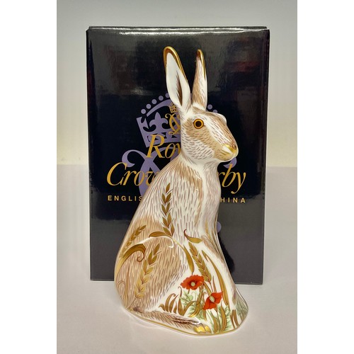 3120 - A Royal Crown Derby paperweight, Midsummer Hare, gold stopper, 17cm, printed mark in red, boxed