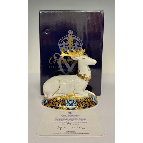 3180 - A Royal Crown Derby paperweight, The White Hart Heraldic Stag, the third in a series inspired by Her... 