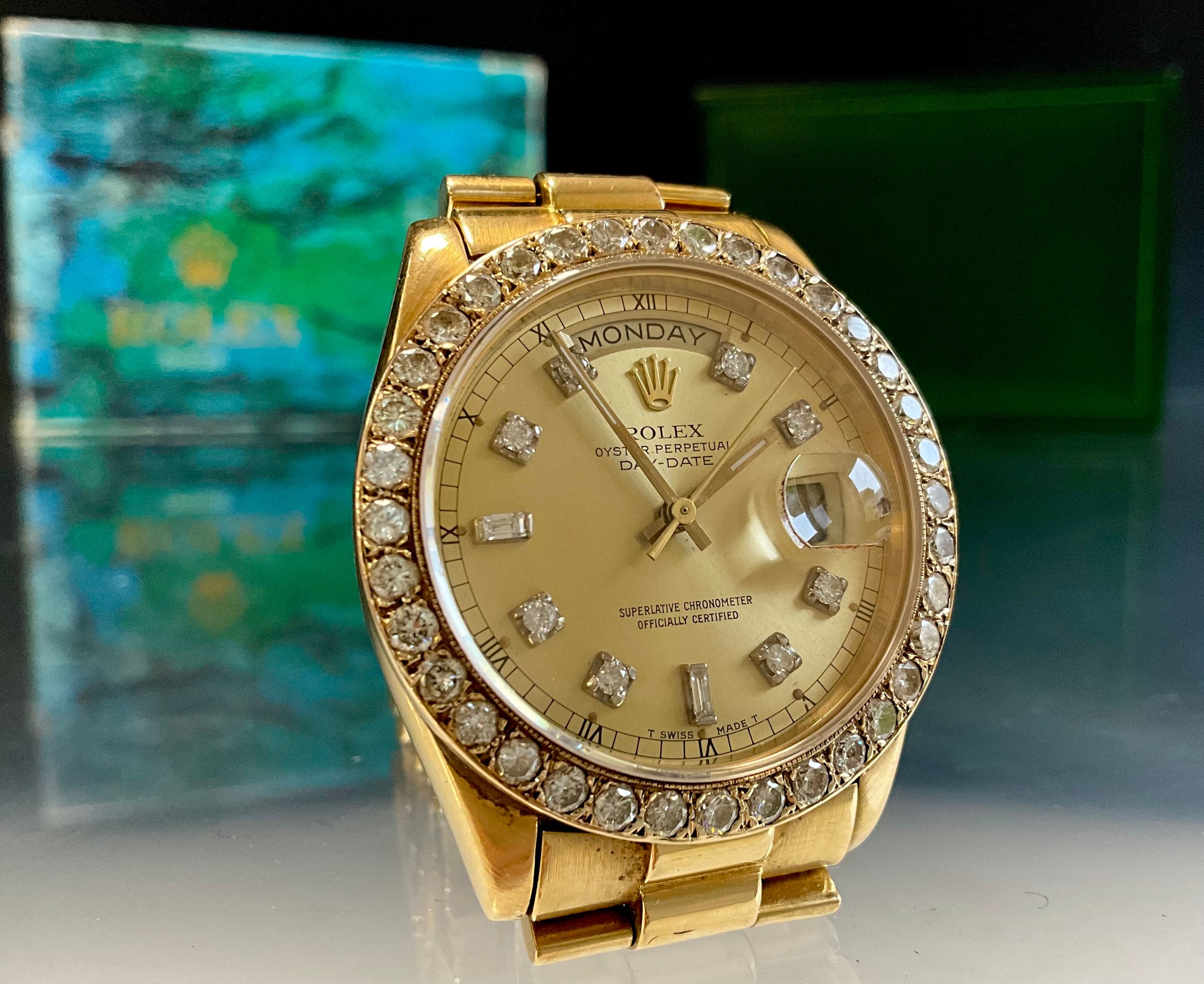 Rolex - an Oyster Perpetual Day-Date 18ct gold diamond accented ...