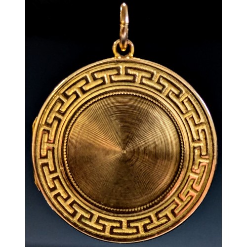 A 9ct gold Greek key design photograph locket pendant, stamped 