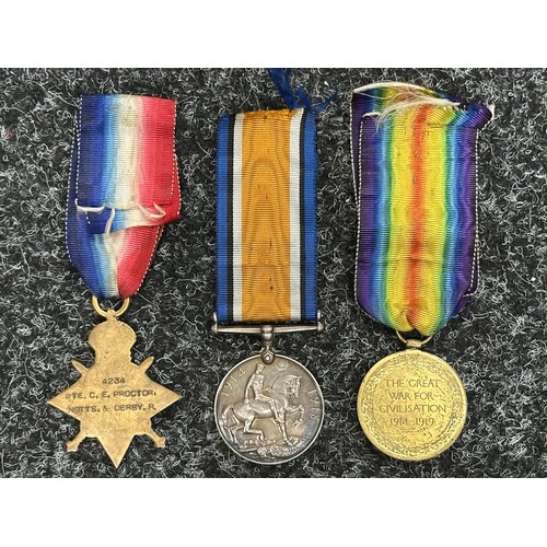5023 - WW1 British Casualty group of 1914-15 Star, War Medal and Victory Medal to 4234 Pte CE Proctor, Nott... 