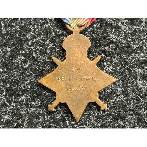 5037 - WW1 British 1914-15 Star, War Medal and Victory Medal to 3190 Trooper M Everett, 1/Life Guards. Comp... 