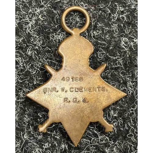5044 - WW1 British 1914-15 Star to 49186 Gunner W Clements, Royal Garrison Artillery. No ribbon.