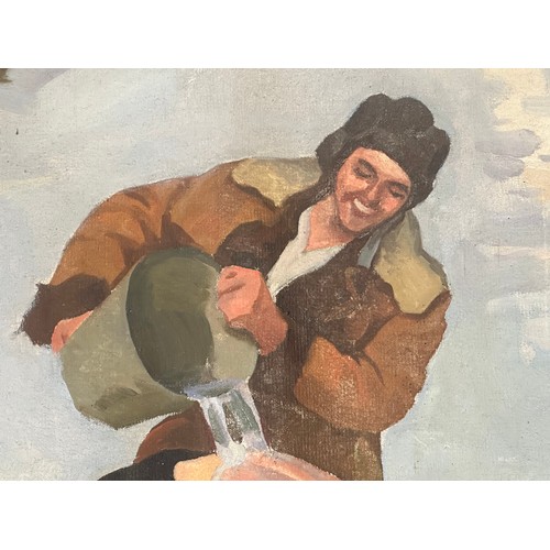 5213 - WW2 Soviet Red Army Oil Painting on canvas depicting JS 2 Tank Crews washing in a frozen river. Not ... 