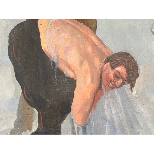 5213 - WW2 Soviet Red Army Oil Painting on canvas depicting JS 2 Tank Crews washing in a frozen river. Not ... 