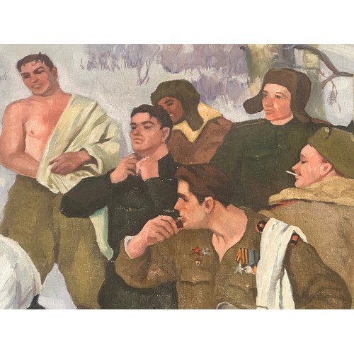 5213 - WW2 Soviet Red Army Oil Painting on canvas depicting JS 2 Tank Crews washing in a frozen river. Not ... 