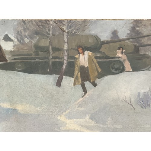 5213 - WW2 Soviet Red Army Oil Painting on canvas depicting JS 2 Tank Crews washing in a frozen river. Not ... 