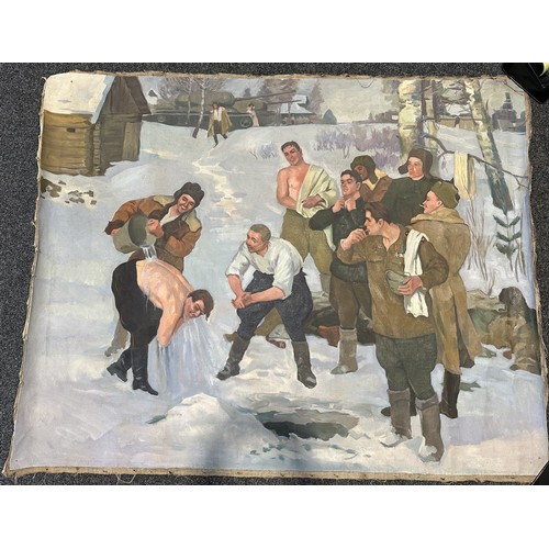 5213 - WW2 Soviet Red Army Oil Painting on canvas depicting JS 2 Tank Crews washing in a frozen river. Not ... 