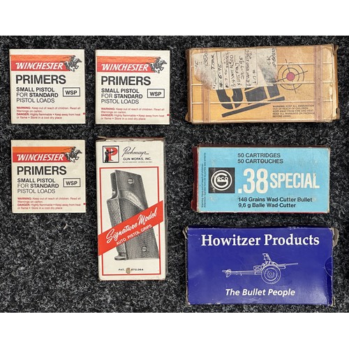 5369 - A collection of empty cardboard and plastic ammunition and primer boxes including a box for a Smith ... 