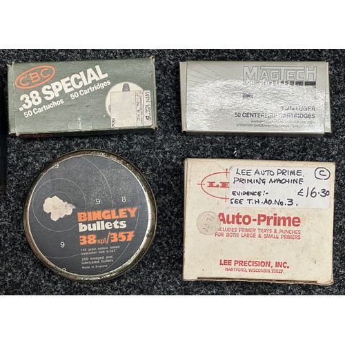 5369 - A collection of empty cardboard and plastic ammunition and primer boxes including a box for a Smith ... 