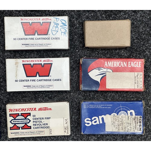 5369 - A collection of empty cardboard and plastic ammunition and primer boxes including a box for a Smith ... 