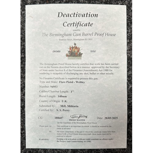 5374 - Deactivated WW1 British Webley & Scott Flare Pistol serial number 94953. Complete with Current 2025 ... 