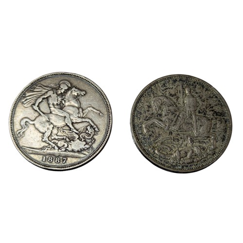 5041 - A Victorian silver crown coin, 1887, 28g; A George V silver crown coin, 1935, 28g (2)