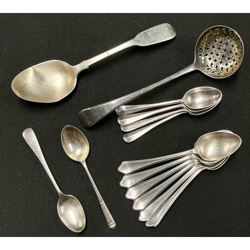 5050 - A George III silver straining spoon, possibly John Blake, London 1806;  assorted Victorian and later... 