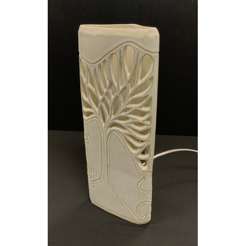 2 - Studio Pottery - a contemporary Ray Macro slab formed table lamp, neutral glaze, pierced with tree d... 