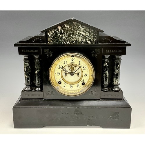 47 - A Victorian Black Slate and Marble Mantel Clock, of classical architectural form, white enamel and g... 