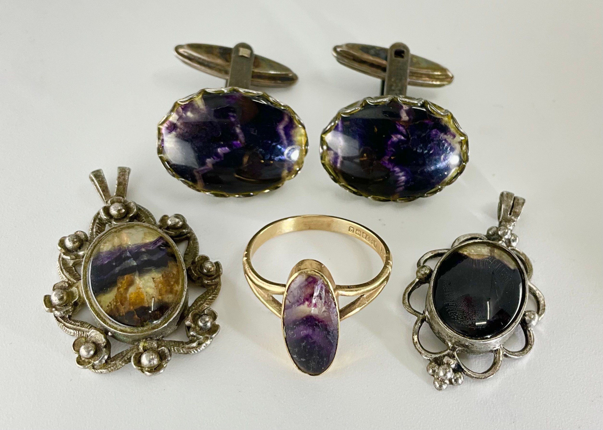 A selection of silver blue john jewellery and a 9ct gold mounted blue ...