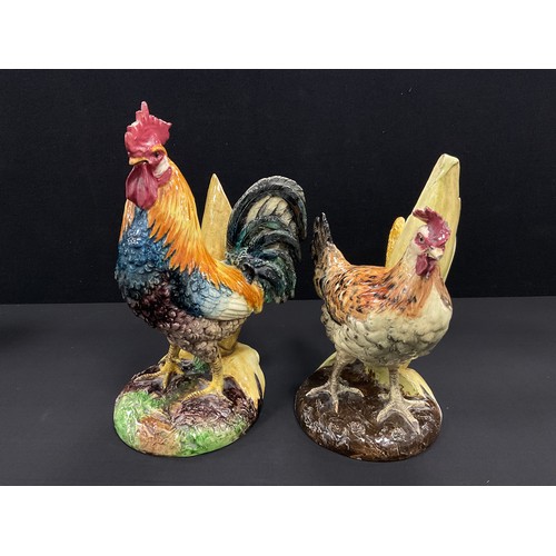 18 - Delphin Massier Majolica Cockerel/Rooster Spill Vase, featuring the bird stood in front of the vase ... 