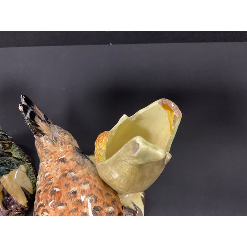 18 - Delphin Massier Majolica Cockerel/Rooster Spill Vase, featuring the bird stood in front of the vase ... 