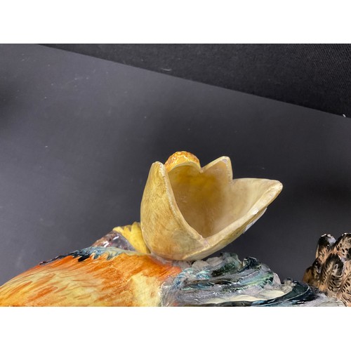 18 - Delphin Massier Majolica Cockerel/Rooster Spill Vase, featuring the bird stood in front of the vase ... 