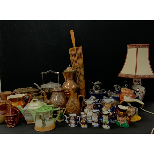 74 - Boxes and objects - Stoneware jugs, moulded in relief grapes and vines, Chinese parasol, Tudor Mint ... 