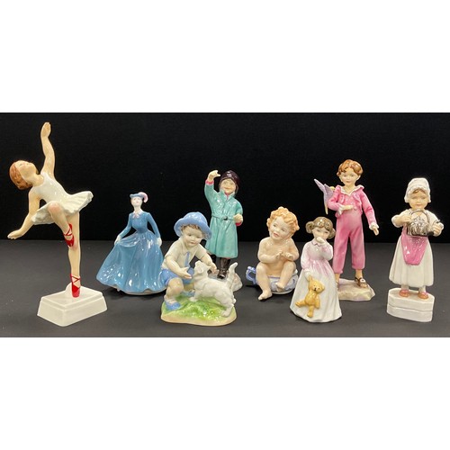 80 - Royal Worcester figures including, The Parakeet, February, Polly put the kettle on, Red shoes, Septe... 