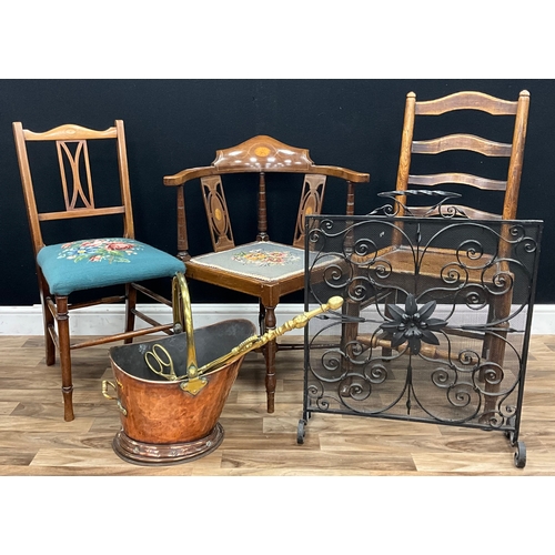 88 - An Edwardian carved mahogany inlaid corner chair with tapestry seat, 79cm high, 63.5cm wide, 53cm se... 